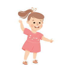 Fototapeta na wymiar Funny Little Girl Character Pointing at Something with Her Finger Vector Illustration