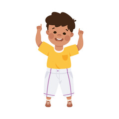 Smiling Boy Character Pointing at Something with His Finger Vector Illustration