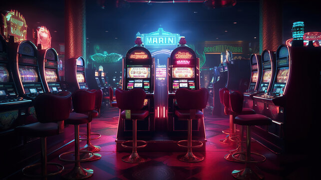 Fototapeta Entertainment area illuminated with casino machines at night. Generative Ai