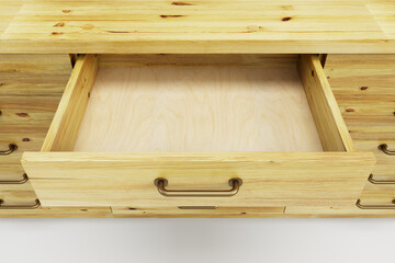 wooden cupboard with opened empty drawer