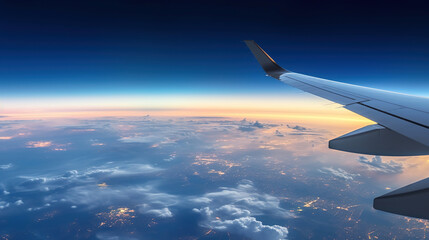 Obraz premium View from airplane window to see sky on evening time. Generative Ai