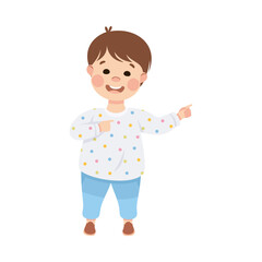 Smiling Boy Character Pointing at Something with His Finger Vector Illustration
