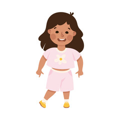 Funny Little Girl Character Pointing at Something with Her Finger Vector Illustration