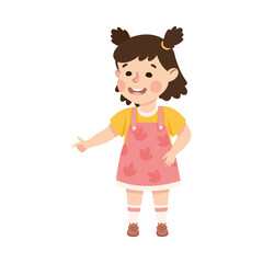 Funny Little Girl Character Pointing at Something with Her Finger Vector Illustration