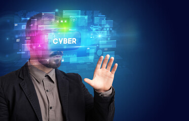 Businessman looking through Virtual Reality glasses