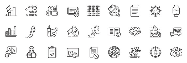 Obraz na płótnie Canvas Icons pack as Project deadline, Certificate and Fake news line icons for app include Currency rate, Chemistry lab, Ð¡ompetition outline thin icon web set. Check investment, Signature. Vector