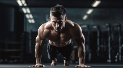 Fototapeta na wymiar A muscular man doing pushups in a gym ai, ai generative, illustration