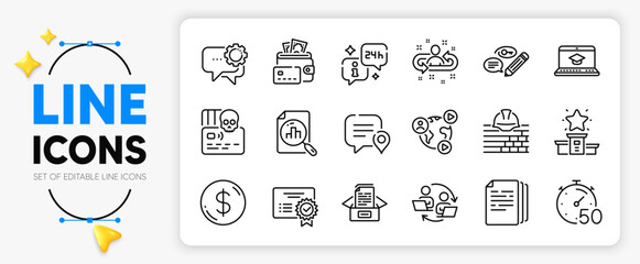 Website education, Info and Build line icons set for app include Recruitment, Employees messenger, Dollar money outline thin icon. Certificate, Teamwork process, Money pictogram icon. Vector