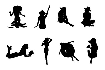 A silhouette set of beautiful girls having a rest on beach during holiday travel on white background
