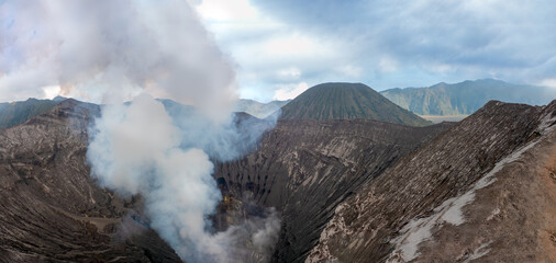 Dramatic view inside the crater and active caldera of Mount Bromo (Gunung Bromo) an active somma...