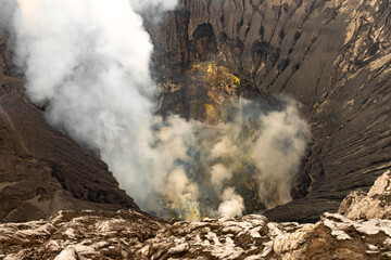 Dramatic view inside the crater and active caldera of Mount Bromo (Gunung Bromo) an active somma...