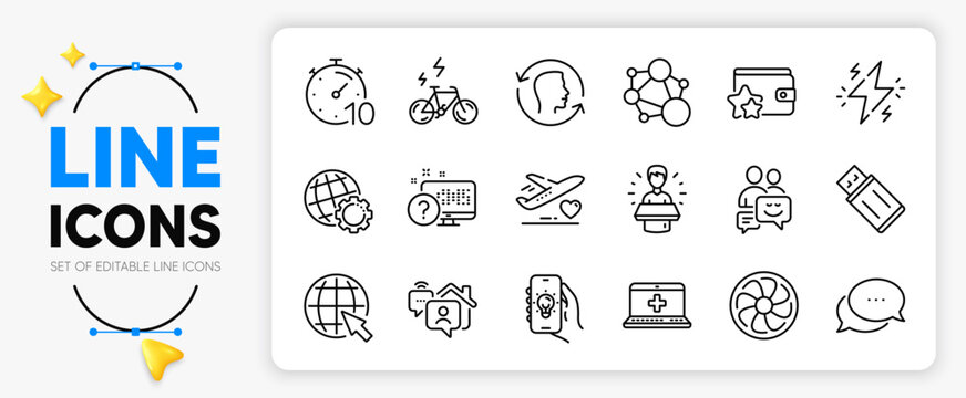 Face id, Brand ambassador and E-bike line icons set for app include Online quiz, Electric app, Communication outline thin icon. Internet, Power, Usb flash pictogram icon. Work home. Vector