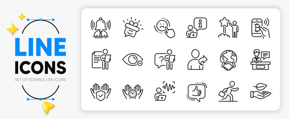 Refer friend, Global business and Safe time line icons set for app include Insurance hand, Businessman run, Job interview outline thin icon. Myopia, Exhibitors, Star pictogram icon. Vector