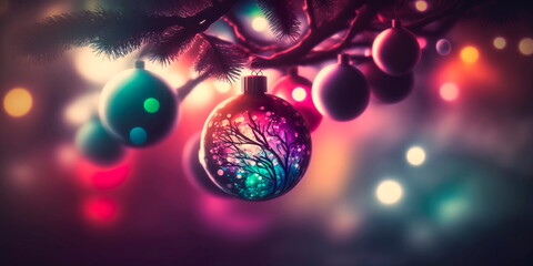 Abstract color blur decoration ball and light string on christmas tree with bokeh light background.winter holiday seasonal .Generative ai