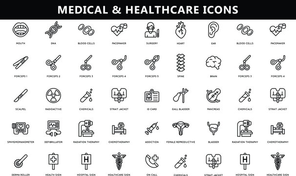 Medicine & Health thin line icons. Medical, Medicine, Health, Doctor editable stroke icon set. Vector illustration