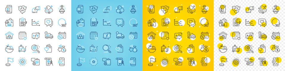 Vector icons set of Donate, Milestone and 360 degrees line icons pack for web with Divider document, Rfp, Delivery outline icon. Fruits, Diagram chart, Loan pictogram. Love document. Vector