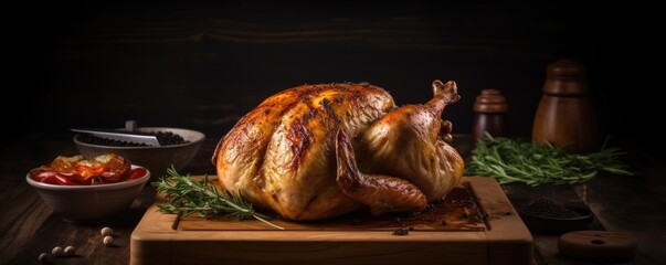 Naklejka premium Banner tasty roasted whole chicken on wooden cutting board. Ai generative.