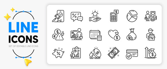 Budget, Report and Money profit line icons set for app include Deflation, Discounts, Teacher outline thin icon. Account, Pie chart, Payment methods pictogram icon. Cash, Loan percent. Vector
