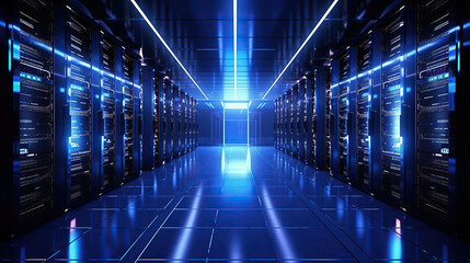 dark blue servers data center room and storage systems. Generative Ai
