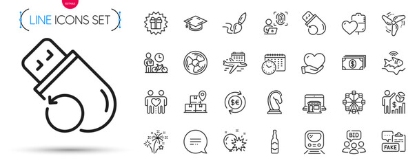 Pack of Wind energy, Beer bottle and Text message line icons. Include Marketing strategy, Flash memory, Volunteer pictogram icons. Air fan, Graduation cap, Banking signs. Marketplace. Vector