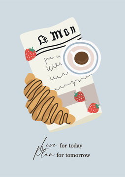 Coffee with croissant and newspaper illustration. French breakfast.
