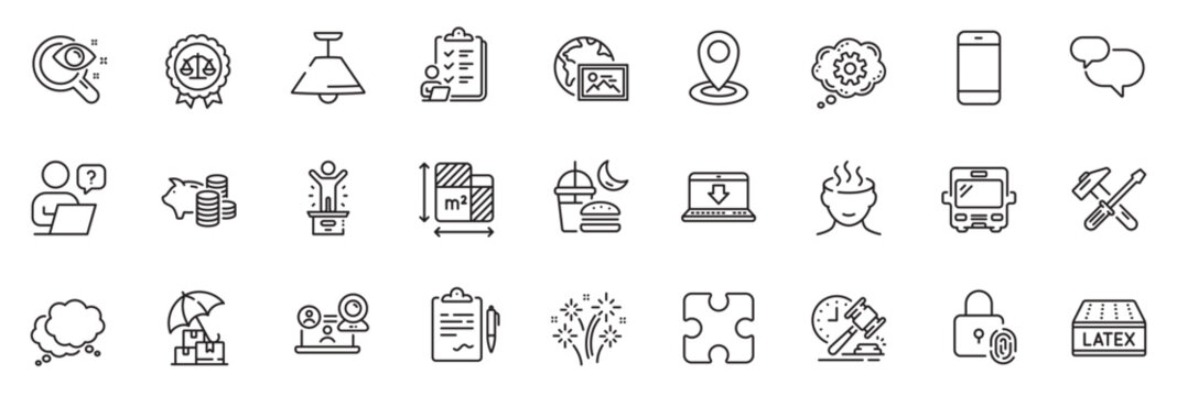 Icons pack as Online question, Piggy bank and Speech bubble line icons for app include Justice scales, Puzzle, Smartphone outline thin icon web set. Delivery insurance, Bus, Location pictogram. Vector