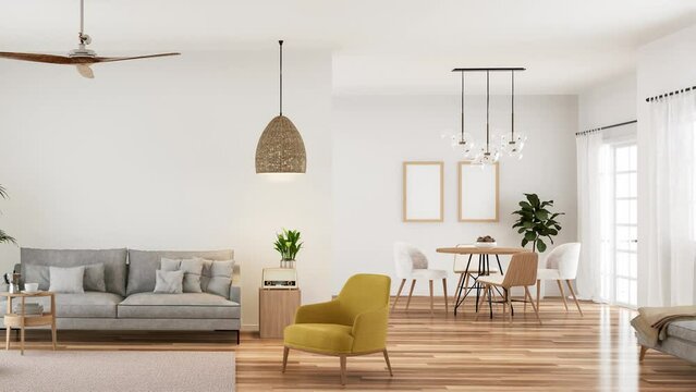 Animation of modern style white living and dining room3d render The room has a parquet floor decorated with light gray fabric furniture and translucent white curtains, natural light into the room.