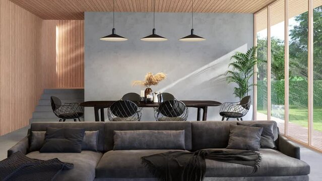 Animation of modern contemporary loft living and dining room with nature view 3d render There are wooden wall and ceiling and concrete floor decorated with dark gray fabric furniture
