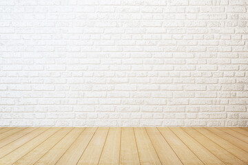 empty room with white brick wall and wooden floor