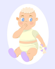 A baby sitting with toy. A little kid for baby shower card 