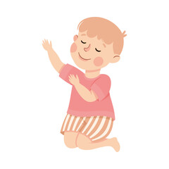 Little Boy Praying Sitting on the Floor On His Knees Vector Illustration