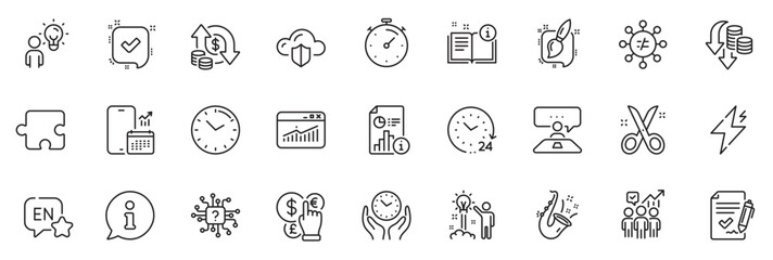 Icons pack as Time, Safe time and Website statistics line icons for app include Power, Interview job, Artificial intelligence outline thin icon web set. Info, Confirmed, Manual pictogram. Vector