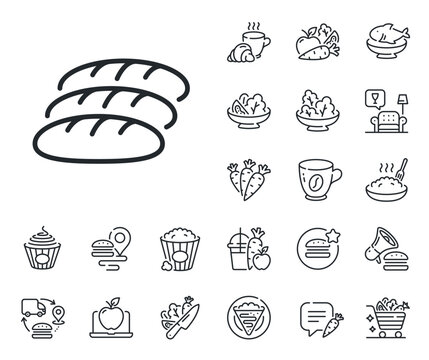 Bakery food sign. Crepe, sweet popcorn and salad outline icons. Bread line icon. Pastry baguette symbol. Bread line sign. Pasta spaghetti, fresh juice icon. Supply chain. Vector