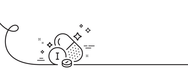 Iodine mineral line icon. Continuous one line with curl. Chemical element I sign. Capsule or pill symbol. Iodine mineral single outline ribbon. Loop curve pattern. Vector