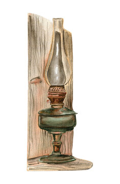 Watercolor illustration of old rusty green kerosene lamp. An old rusty enamel element. Hand drawn in watercolor on a white background. Perfect for wedding invitation, greetings card, posters.