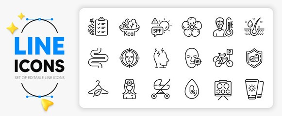 Spf protection, Slow fashion and Diet menu line icons set for app include Oculist doctor, No alcohol, Serum oil outline thin icon. Natural linen, Stress, Sunscreen pictogram icon. Vector