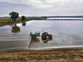 Aerial view paddy fields, flooded fields for rice cultivation in Italy