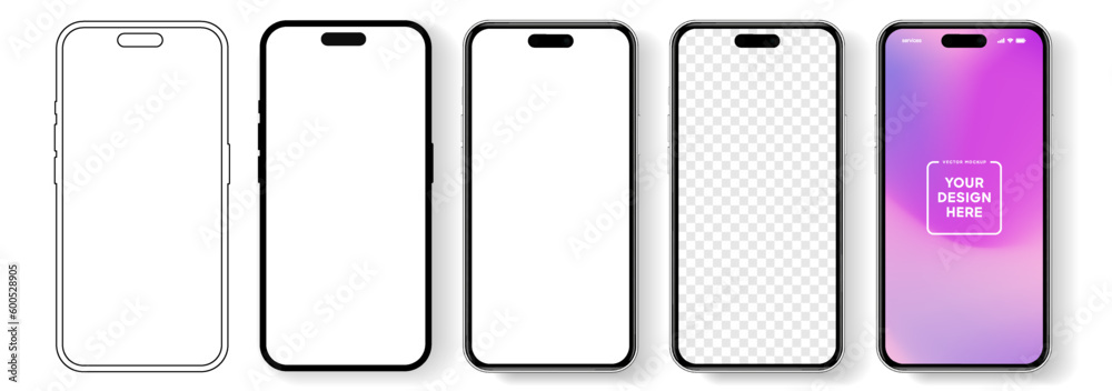 Poster 3D realistic high quality smartphone mockup with isolated background. Smart phone mockup collection. Device front view. 3D mobile phone with shadow on white background.