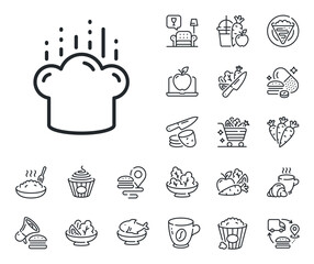 Chef sign. Crepe, sweet popcorn and salad outline icons. Cooking hat line icon. Food preparation symbol. Cooking hat line sign. Pasta spaghetti, fresh juice icon. Supply chain. Vector