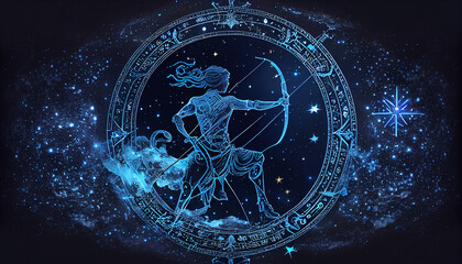 Sagittarius, zodiac constellation, astrology. in curckle. AI generated, astronomy - obrazy, fototapety, plakaty