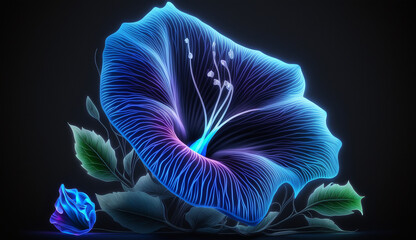 Blue Morning Glory flower neon image Ai generated art