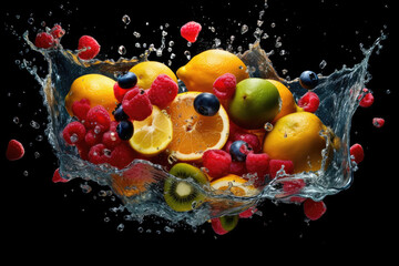 bunte Früchte wirbeln durch Wasserspritzer hoch, dekorativ und köstlich