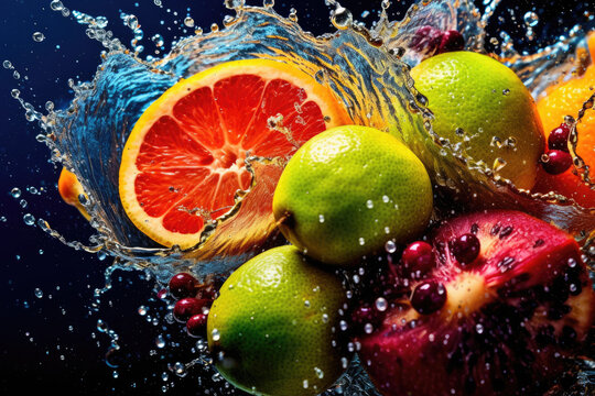 bunte Fr&uuml;chte wirbeln durch Wasserspritzer hoch, dekorativ und k&ouml;stlich