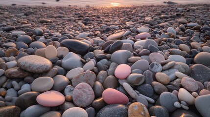 grey pebbles on beach at sunset with pink glow grom sunset on some of the pebbles Generative AI