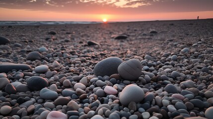 grey pebbles on beach at sunset with pink glow grom sunset on some of the pebbles Generative AI