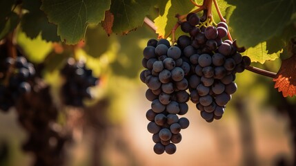 Fototapeta premium a bunch of grapes hanging from a vine in a vineyard Generative AI