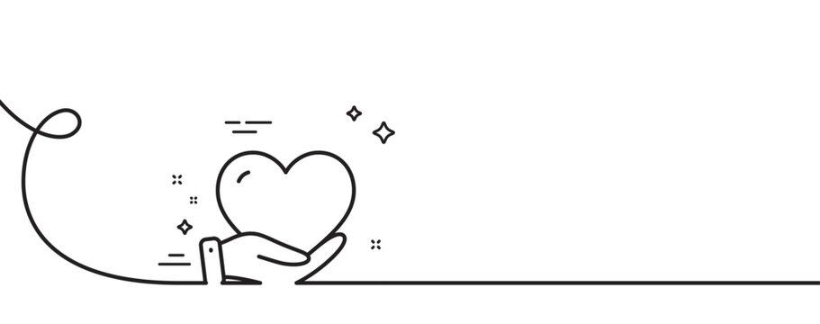 Volunteer care line icon. Continuous one line with curl. Helping hand sign. Donation symbol. Volunteer single outline ribbon. Loop curve pattern. Vector