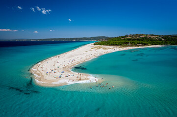 Drone (aerial) view of beautiful beach on Possidi Cape on Kassandra peninsula, Halkidiki...