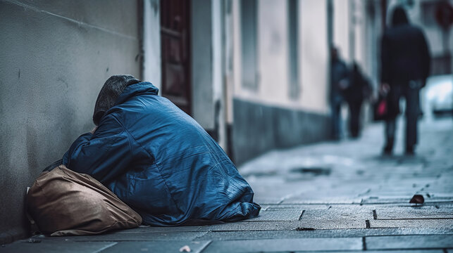 young homeless man sleeping on the street. Generative Ai