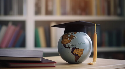 Graduation cap with Earth globe. Concept of global business study, abroad educational, Back to School. Education in Global world, Study abroad business in universities in worldwide.